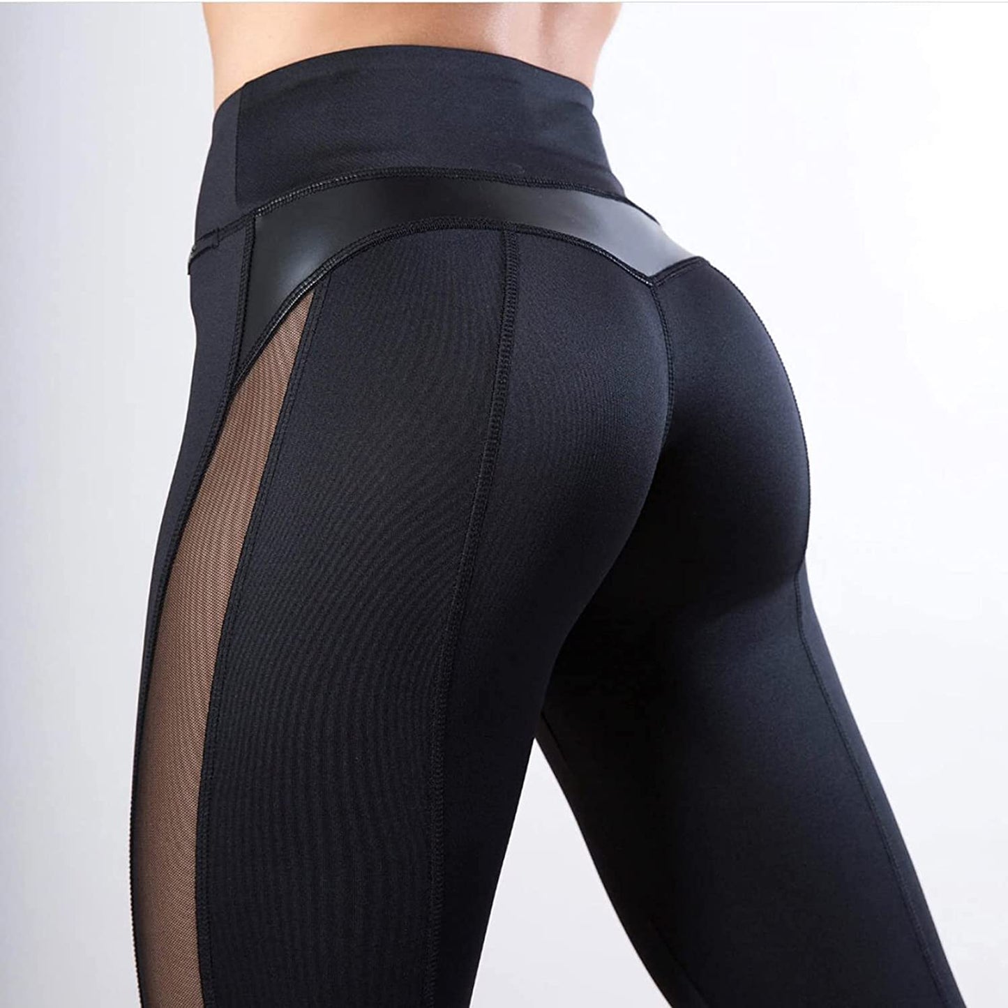 Vegan Leather Mesh Patchwork High Waist Push Up Workout Leggings