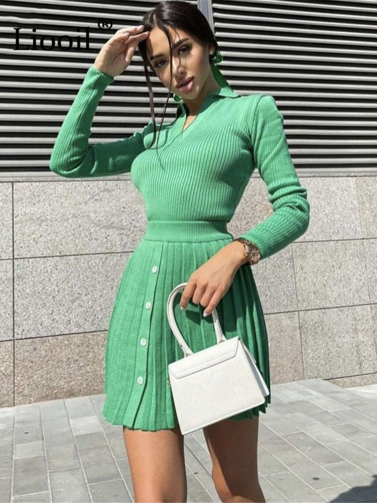 Two Piece Knit Set Top And Pleated Mini Skirt