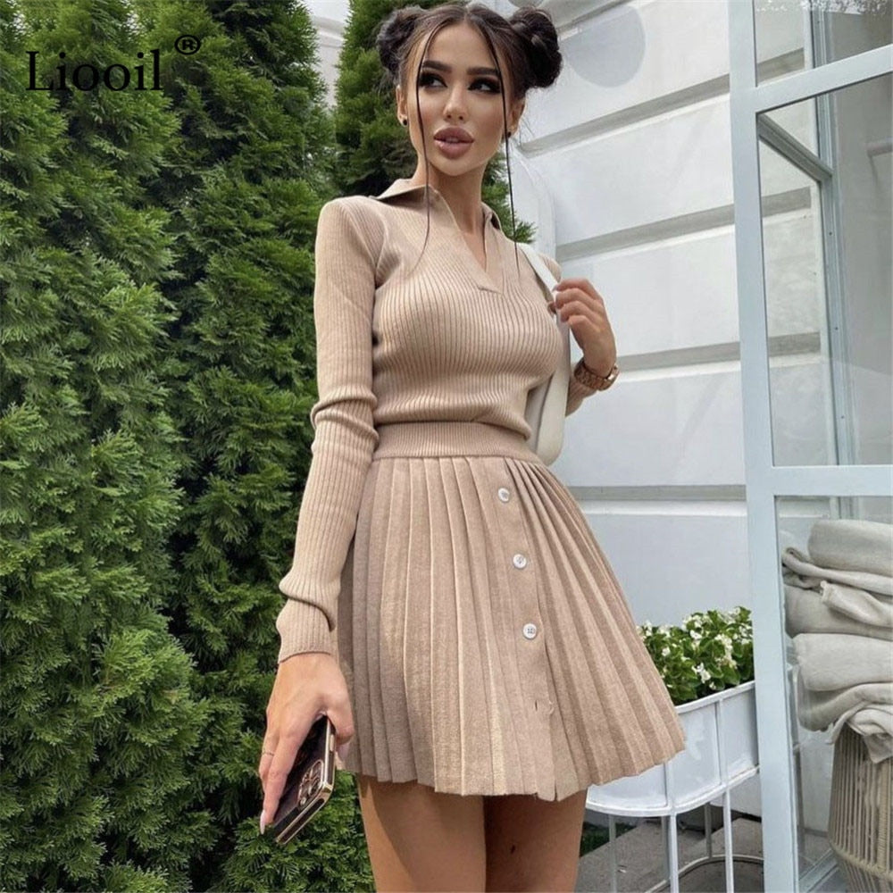 Two Piece Knit Set Top And Pleated Mini Skirt