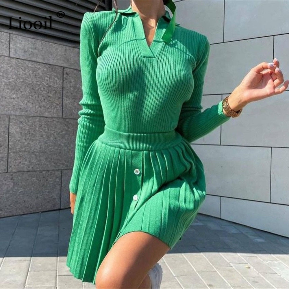 Two Piece Knit Set Top And Pleated Mini Skirt